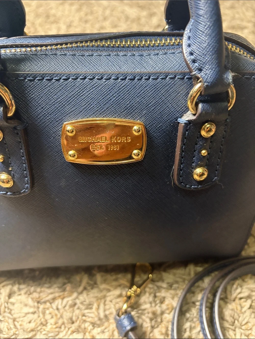Michael Kors Small Navy Blue/Gold Saffiano Leather Satchel Crossbody Bag